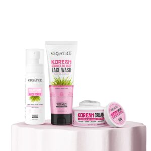 orgatre k glow korean skincare combo | 3 in 1 face wash, sunscreen & cream | glass skin routine for radiant glow, hydration & brightening